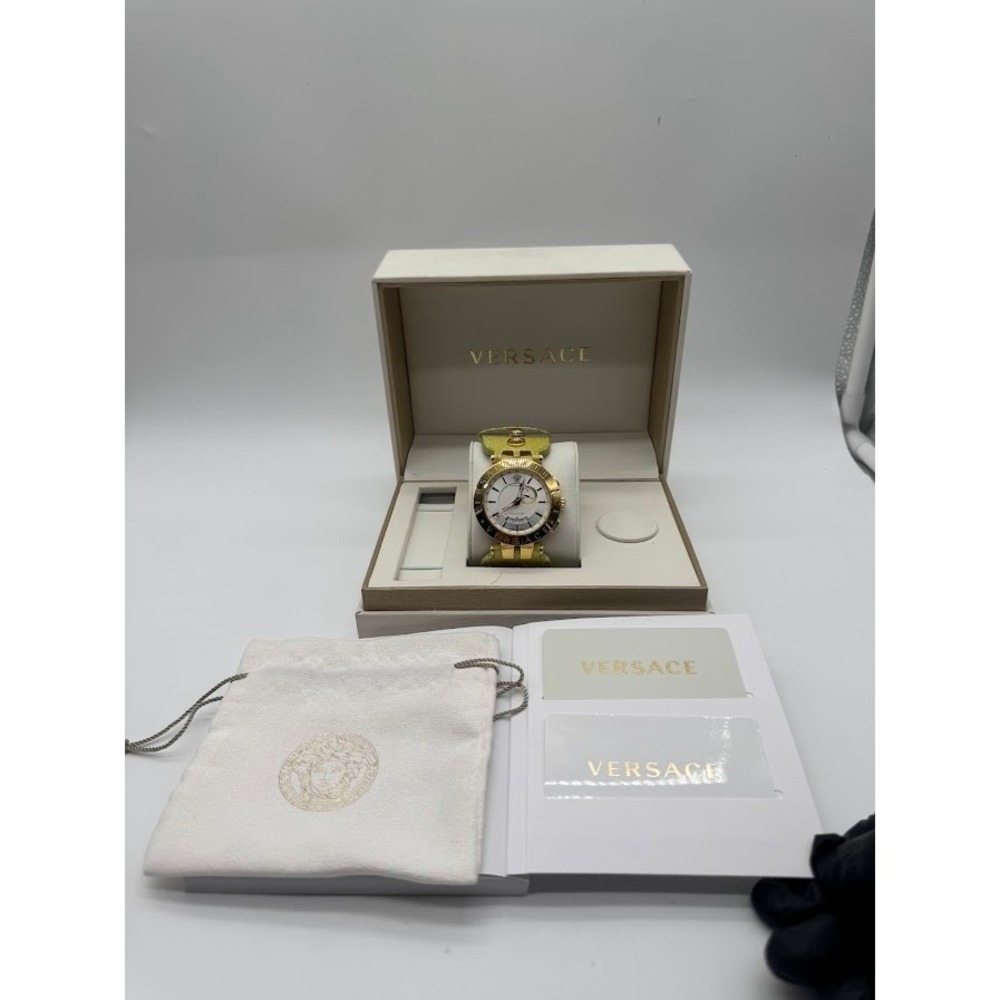Versace GMT & Alarm Gold Tone Watch Lime Green Leather Strap Medusa Swiss Made